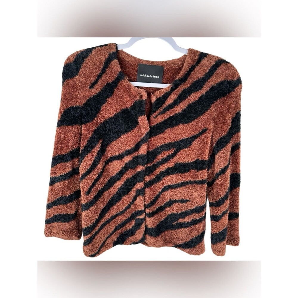 Michael Simon Brown Black Zebra Animal Striped Fuzzy Knit Cardigan Sweater Small